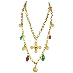 Ben Amun Layered Gold Chain Pearl Pendant Red & Green Stone Statement Necklace