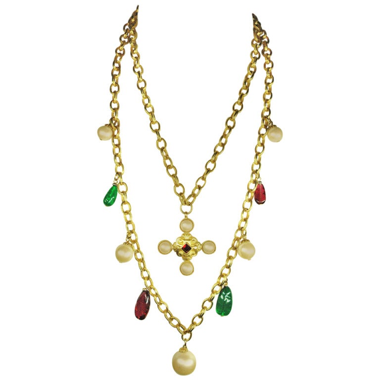 Ben Amun Layered Gold Chain Pearl Pendant Red & Green Stone Statement Necklace For Sale