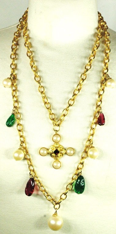 Ben Amun Layered Gold Chain Pearl Pendant Red & Green Stone Statement Necklace For Sale 3