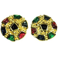 Vintage Christian Dior Gripoix Clip On Multi Color Large Round Earrings