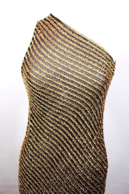 Vintage Stephen Burrow Sexy One Shoulder Sheer Black & Gold Evening Dress For Sale 3