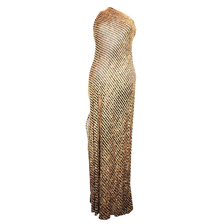 Vintage Stephen Burrow Sexy One Shoulder Sheer Black & Gold Evening Dress For Sale