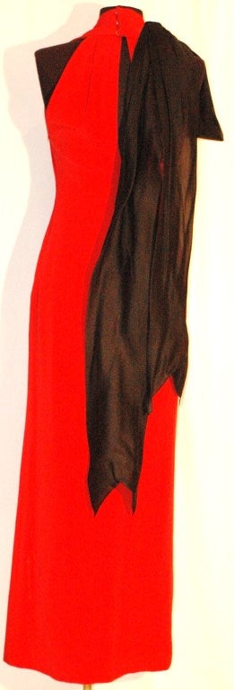 Women's Christian Dior Haute Red Silk Gown with Gigantic Black Bow on Shoulder For Sale