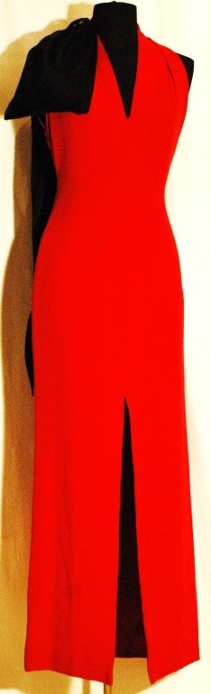 Christian Dior Haute Red Silk Gown with Gigantic Black Bow on Shoulder For Sale 1