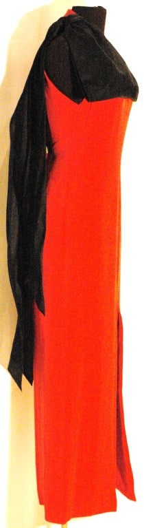 Christian Dior Haute Red Silk Gown with Gigantic Black Bow on Shoulder For Sale 2