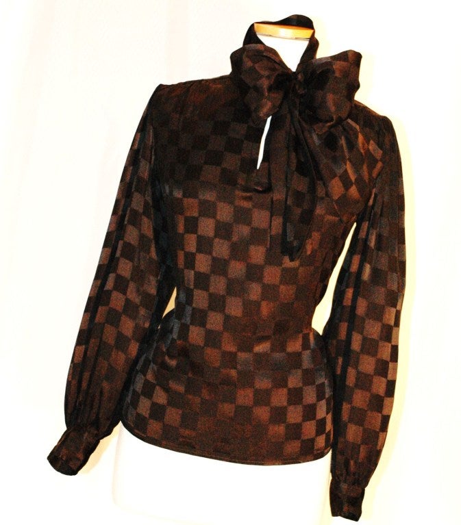 Brown Vintage Yves Saint Laurent YSL Rive Gauche Black checker Silk Blouse w Attached Scarf Bow 38 For Sale