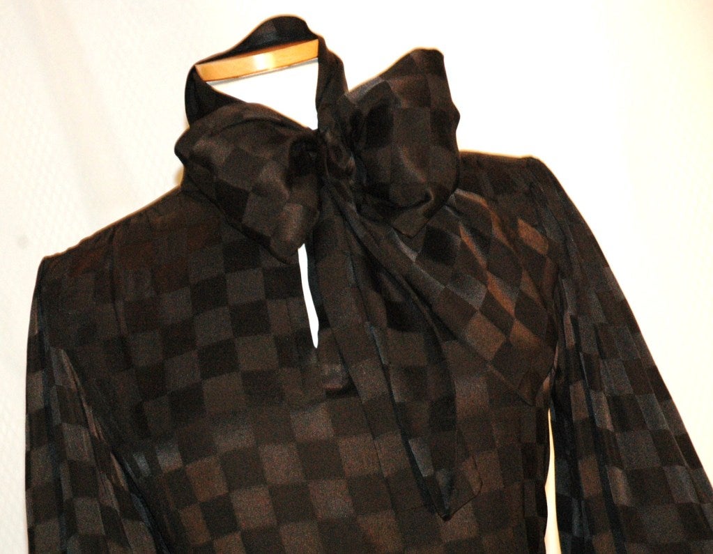 Vintage Yves Saint Laurent YSL Rive Gauche Black checker Silk Blouse w Attached Scarf Bow 38 In Excellent Condition For Sale In Lake Park, FL