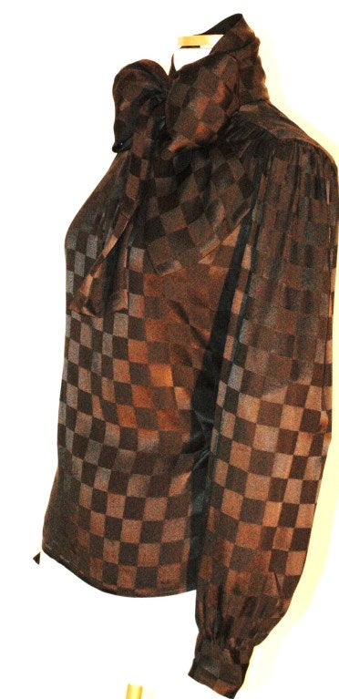 Women's Vintage Yves Saint Laurent YSL Rive Gauche Black checker Silk Blouse w Attached Scarf Bow 38 For Sale