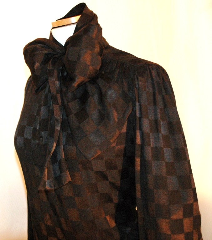 Vintage Yves Saint Laurent YSL Rive Gauche Black checker Silk Blouse w Attached Scarf Bow 38 For Sale 1