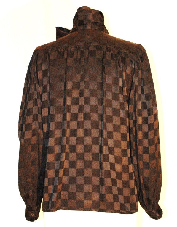 Vintage Yves Saint Laurent YSL Rive Gauche Black checker Silk Blouse w Attached Scarf Bow 38 For Sale 2