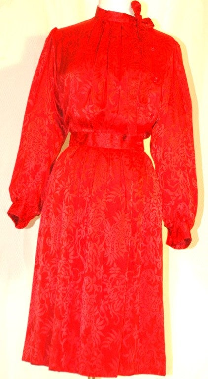 Vintage Yves Saint Laurent YSL Rive Gauche Long Sleeve Silk Red dress Belt & Scarf