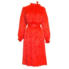 Vintage Yves Saint Laurent YSL Rive Gauche Long Sleeve Silk Red dress Belt & Scarf