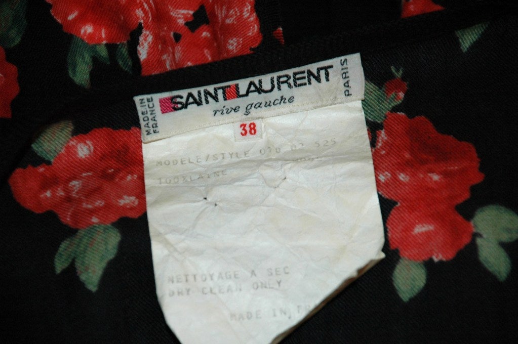 Vintage Yves Saint Laurent YSL Rive Gauche Red Flower Wool Long Sleeve Velvet Trim Belt Dress For Sale 1