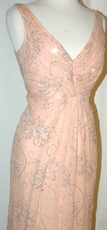 Women's Vintage 1970s Arnold Scaasi Blush silk chiffon Crystal & Pearl Beaded Sequence Evening Gown Barbra Streisand Style For Sale