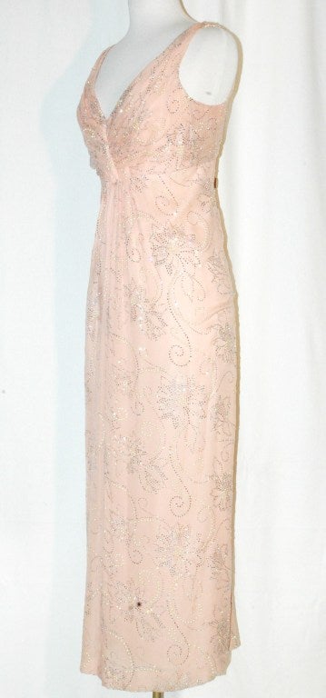 Vintage 1970s Arnold Scaasi Blush silk chiffon Crystal & Pearl Beaded Sequence Evening Gown Barbra Streisand Style For Sale 1