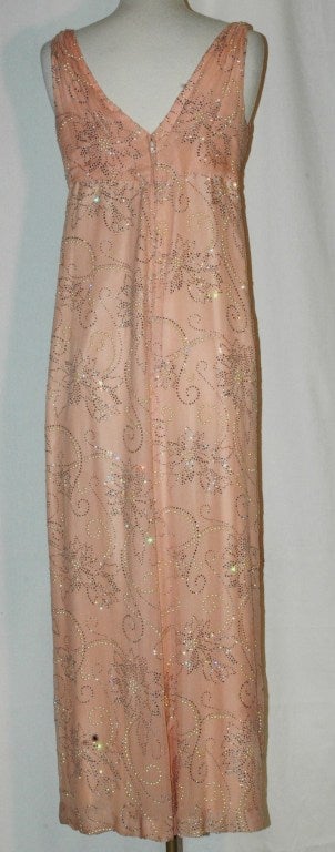 Vintage 1970s Arnold Scaasi Blush silk chiffon Crystal & Pearl Beaded Sequence Evening Gown Barbra Streisand Style For Sale 4