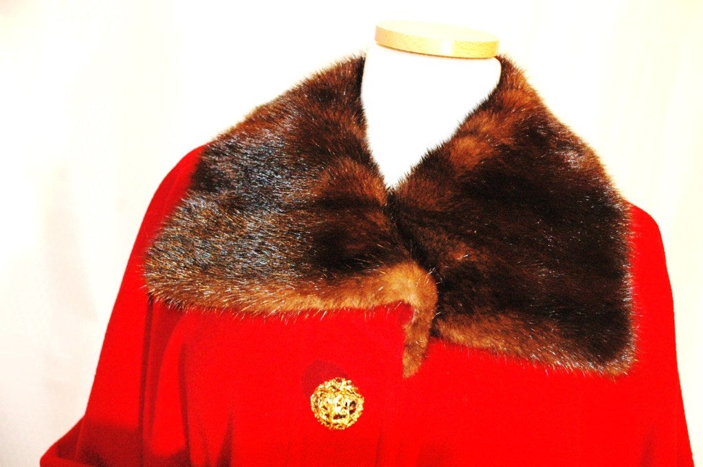 Women's Yves Saint Laurent YSL Red Wool Cape with Mink Collar & Cuffs Coat For Sale