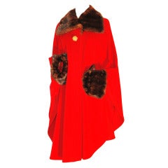 Vintage Yves Saint Laurent YSL Red Wool Cape with Mink Collar & Cuffs Coat