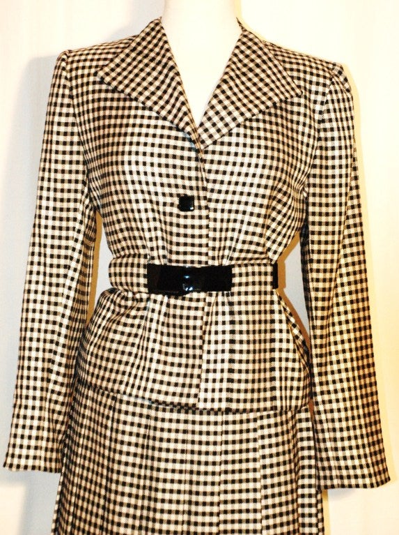 Beige Vintage Pauline Trigere Black & white Checker Jacket w Belt Skirt Suit For Sale