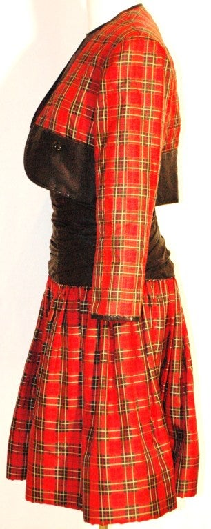 Red 1988 Geoffrey Beene Plaid silk Black Sheer Embroidered Transparent Dress and Crop Jacket For Sale
