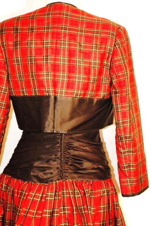 1988 Geoffrey Beene Plaid silk Black Sheer Embroidered Transparent Dress and Crop Jacket For Sale 1