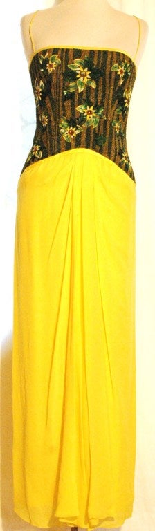 Yellow Vintage Endangered Frank Tignino Strapless Embroidered Beaded Gown and Silk Chiffon Shawl For Sale