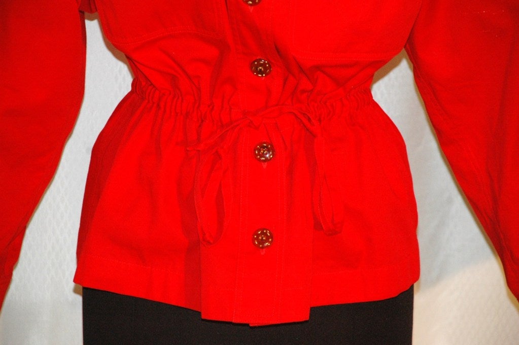 Vintage Yves Saint Laurent YSL Rive Gauche Red Safari Style Shirt In Excellent Condition For Sale In Lake Park, FL