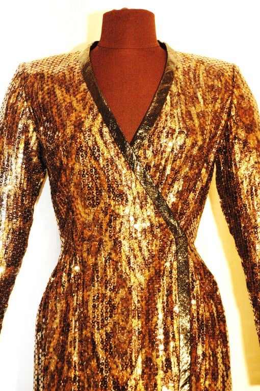 Balmain Ivoire 1980s Long Sleeve Animal Print w Sequence Cocktail Dress In Excellent Condition In Lake Park, FL