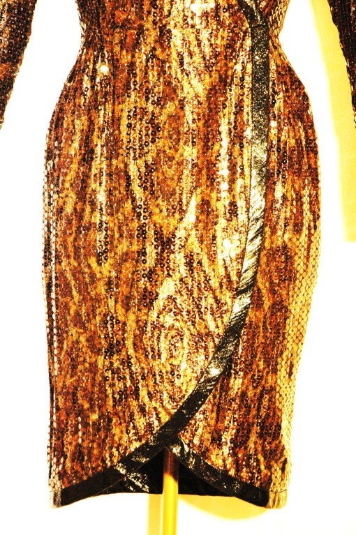 Women's Balmain Ivoire 1980s Long Sleeve Animal Print w Sequence Cocktail Dress