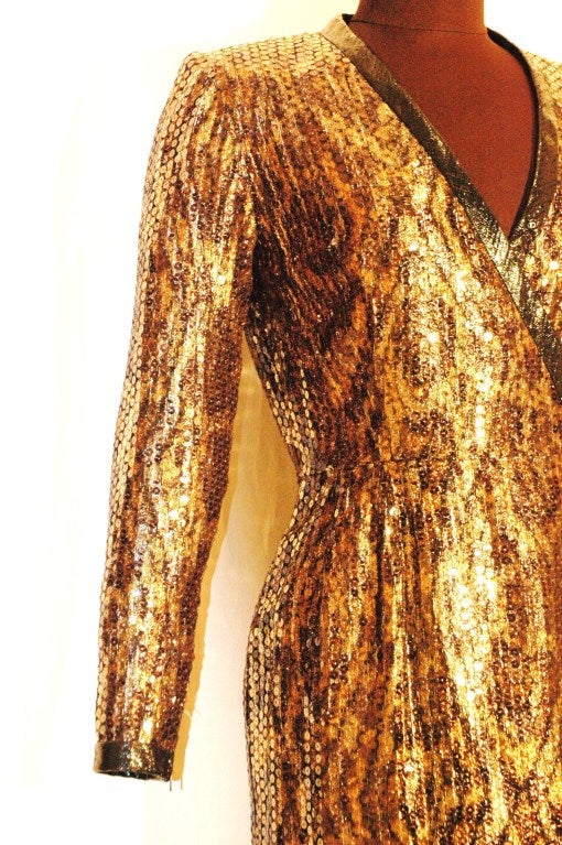 Balmain Ivoire 1980s Long Sleeve Animal Print w Sequence Cocktail Dress 1