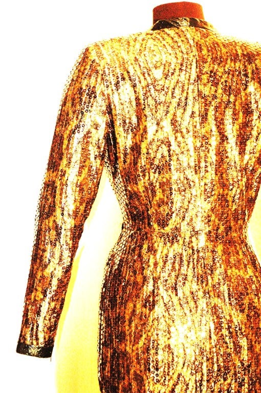 Balmain Ivoire 1980s Long Sleeve Animal Print w Sequence Cocktail Dress 4