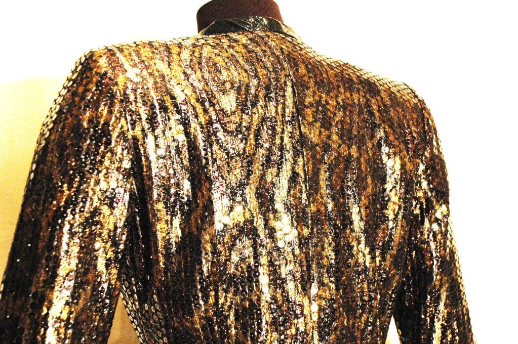 Balmain Ivoire 1980s Long Sleeve Animal Print w Sequence Cocktail Dress 5