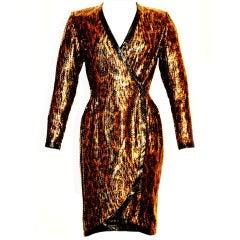 Balmain Ivoire 1980s Long Sleeve Animal Print w Sequence Cocktail Dress