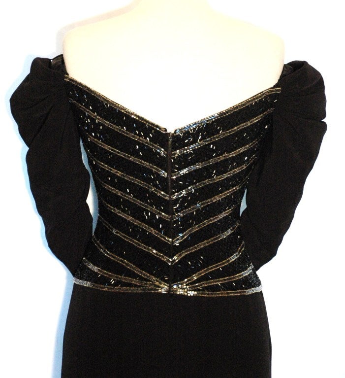 Bob Mackie Boutique Dress Off Shoulders Beaded Black Cocktail Evening Gown For Sale 3