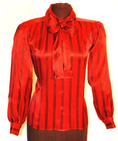 YSL Rive Gauche red with black stripe silk tie-neck blouse