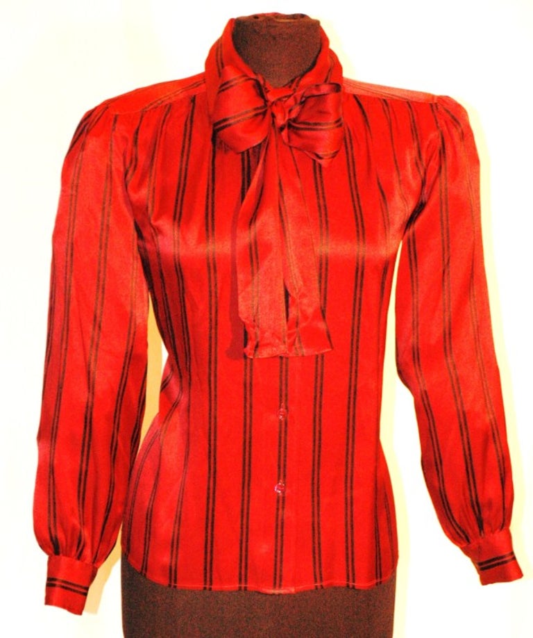 YSL Rive Gauche red with black stripe silk tie-neck blouse For Sale