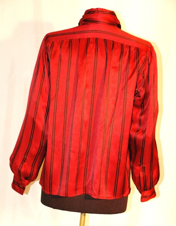 Women's YSL Rive Gauche red with black stripe silk tie-neck blouse For Sale