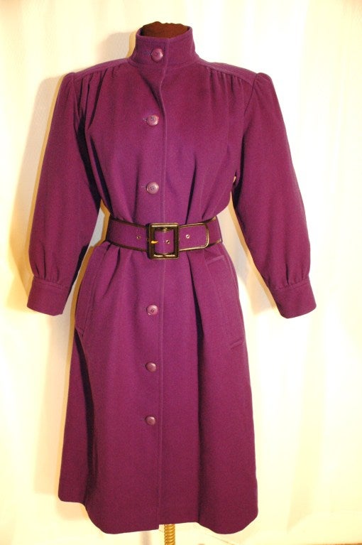 Vintage Yves Saint Laurent Rive Gauche Purple Wool Coat & Belt For Sale 5
