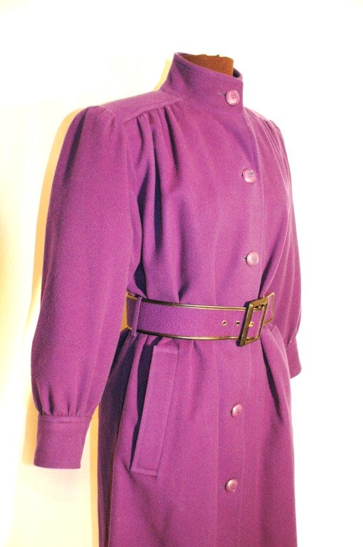 Brown Vintage Yves Saint Laurent Rive Gauche Purple Wool Coat & Belt For Sale