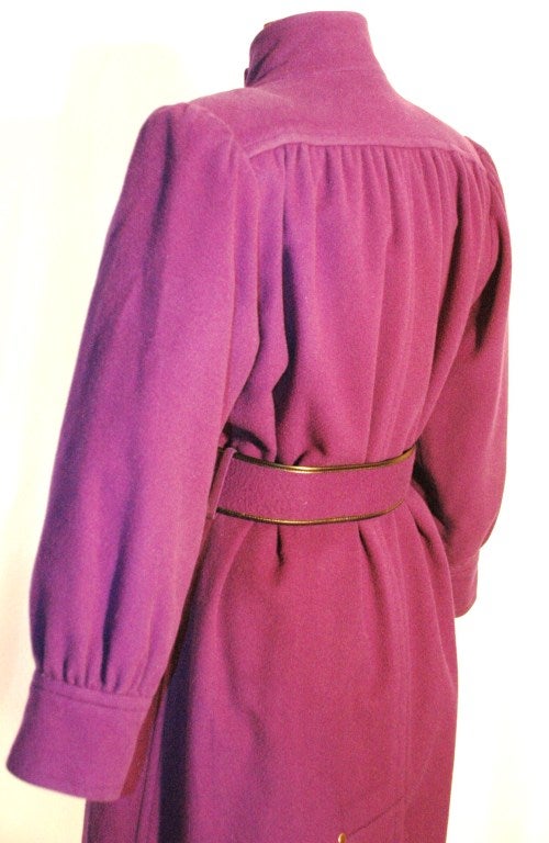Vintage Yves Saint Laurent Rive Gauche Purple Wool Coat & Belt In Good Condition For Sale In Lake Park, FL