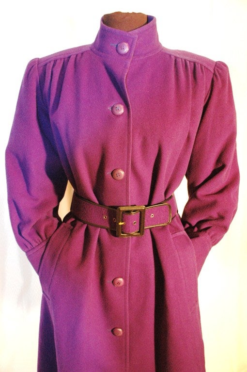 Vintage Yves Saint Laurent Rive Gauche Purple Wool Coat & Belt For Sale 2