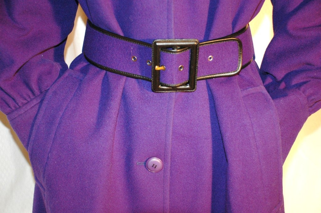 Vintage Yves Saint Laurent Rive Gauche Purple Wool Coat & Belt For Sale 3
