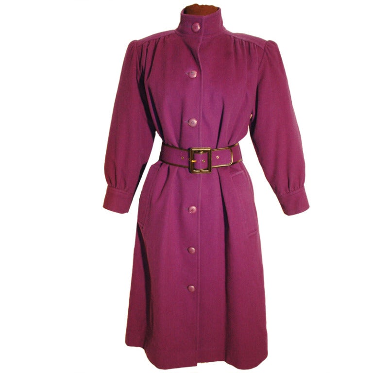 Vintage Yves Saint Laurent Rive Gauche Purple Wool Coat & Belt For Sale
