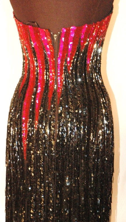Vintage Bob Mackie Boutique Strapless Fully Beaded Fringe Hot Pink & Black Dress 1980s In Excellent Condition For Sale In Lake Park, FL