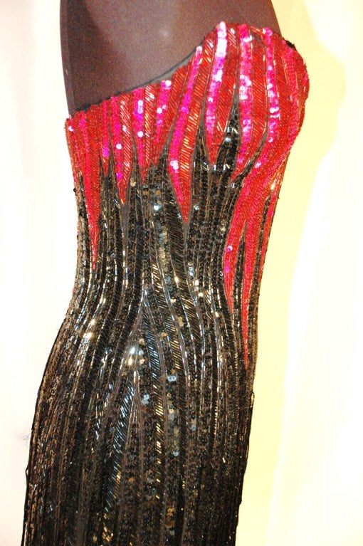 Women's Vintage Bob Mackie Boutique Strapless Fully Beaded Fringe Hot Pink & Black Dress 1980s For Sale