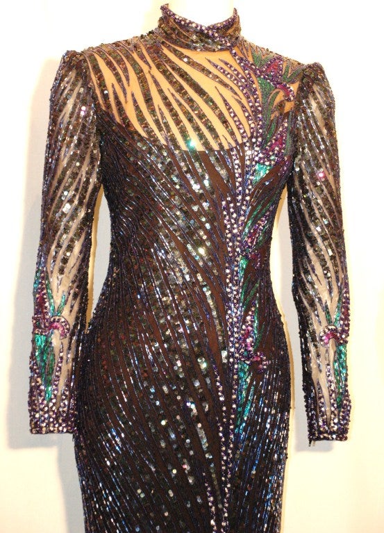 This is an incredible Bob Mackie rare full length long sleeve nude with navy purple beading.  1980s Size 10 fully lined silk, measures 62