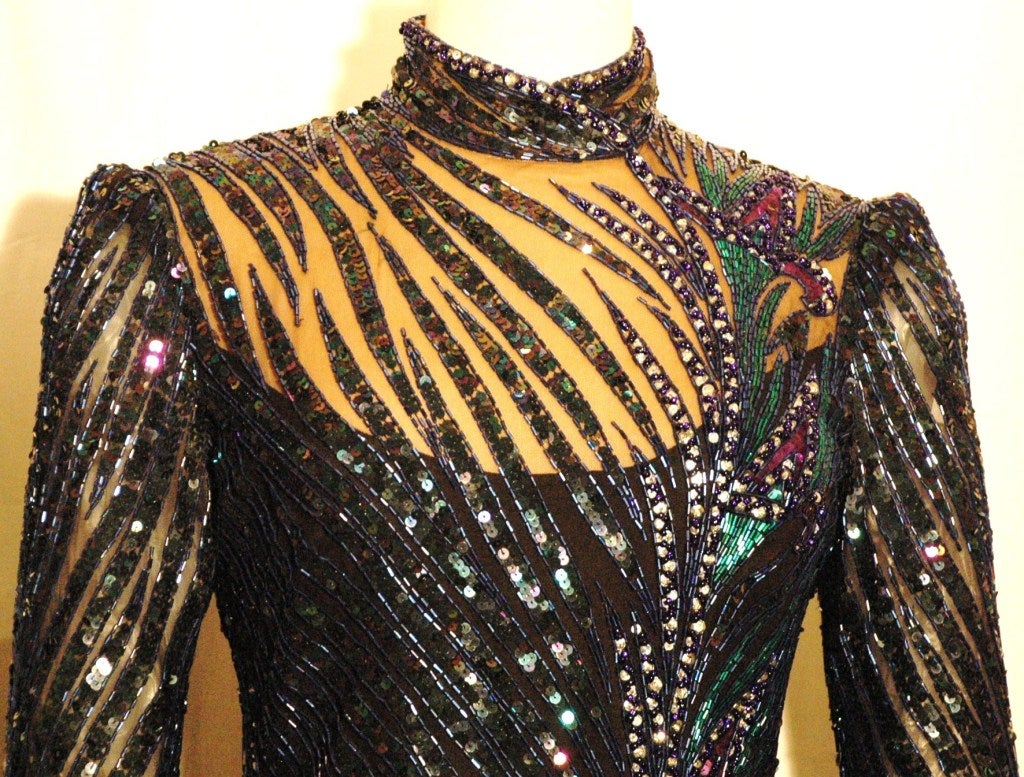 Black Vintage Bob Mackie Fully Beaded long Sleeve Gown 1980s Rare Unmistakable For Sale