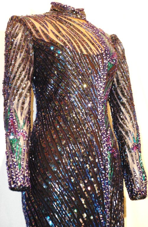 Women's Vintage Bob Mackie Fully Beaded long Sleeve Gown 1980s Rare Unmistakable For Sale