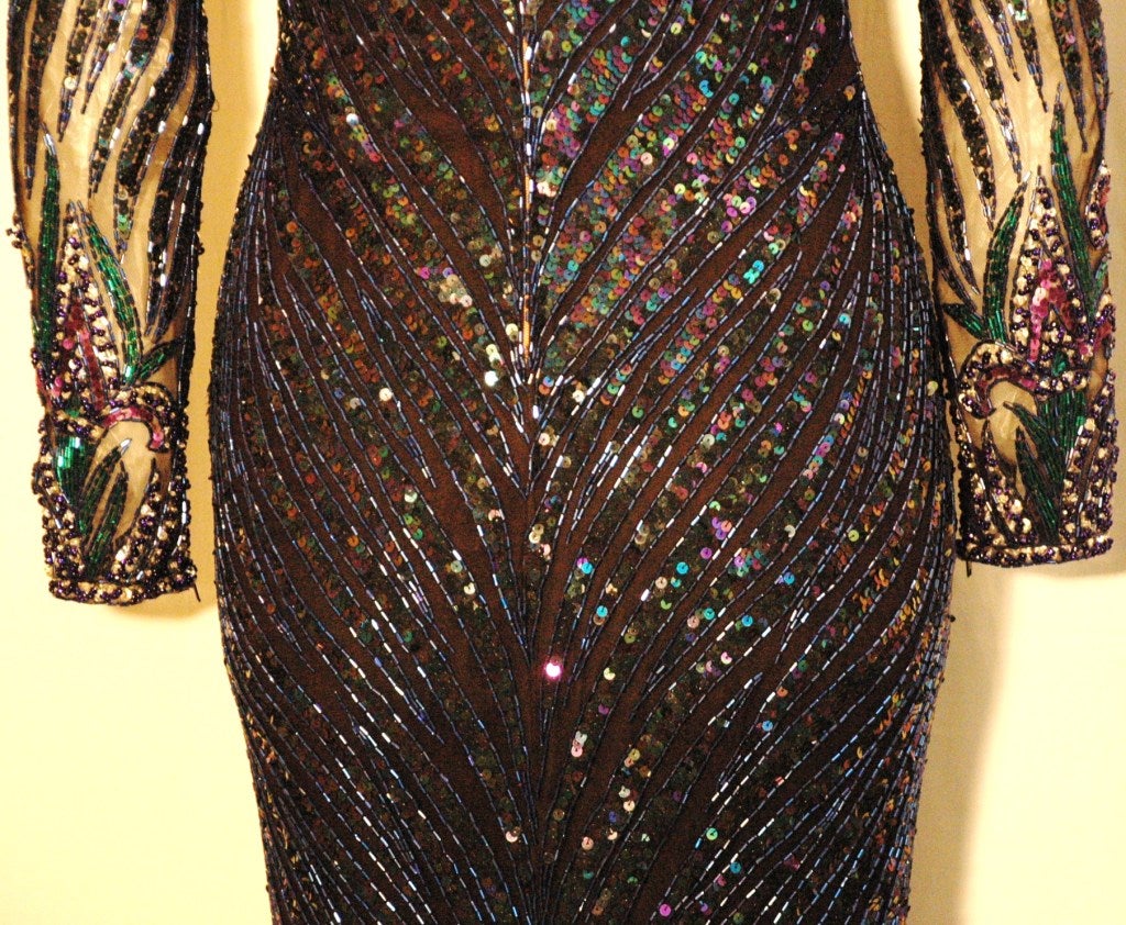 Vintage Bob Mackie Fully Beaded long Sleeve Gown 1980s Rare Unmistakable For Sale 5