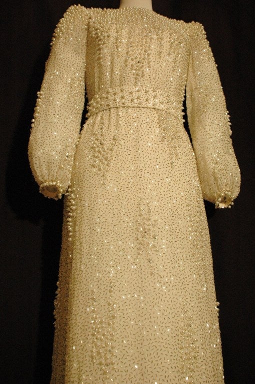 Martha's Boutique Vintage Pearl & Glass Beads Sequence Long Sleeve Sheer White Evening Gown